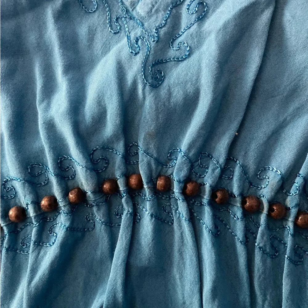 Raya Sun Dress SZ L Sky Blue Cotton Blend wood beaded and embroidered